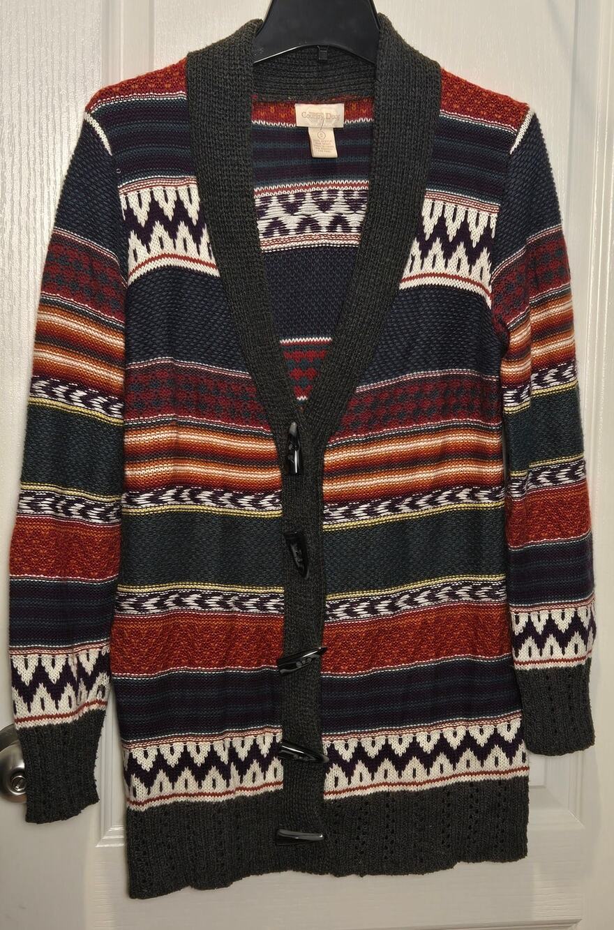Vintage southwestern boho pattern toggle button long sweater sz S
